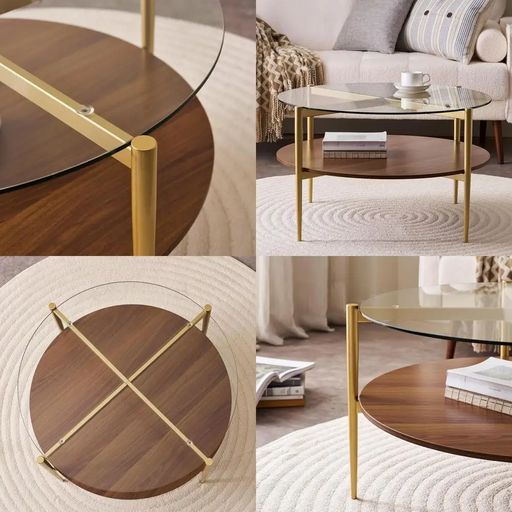 

Двухуровневый журнальный столик в стиле Mid-Century Modern, диаметр 30 дюймов, высота 17 дюймов, столешница из прозрачного стекла, полки из МДФ цвета орех, металлические ножки с золотистым покрытием.