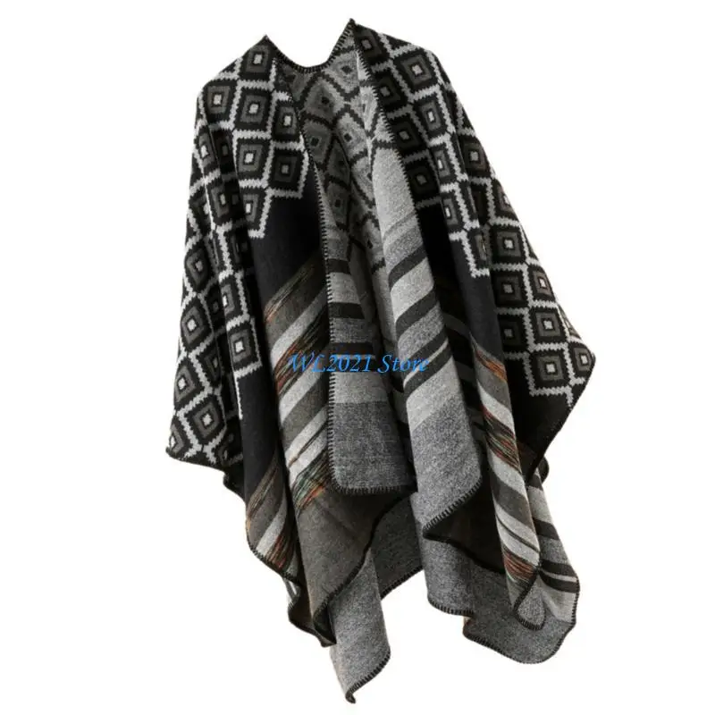 

G5GC Pashmina Poncho Shawl for Women Ethnic Capes Shawl for Spring Autumn Vintage Geometric Pattern Shawl Shoulder Wrap Cloak