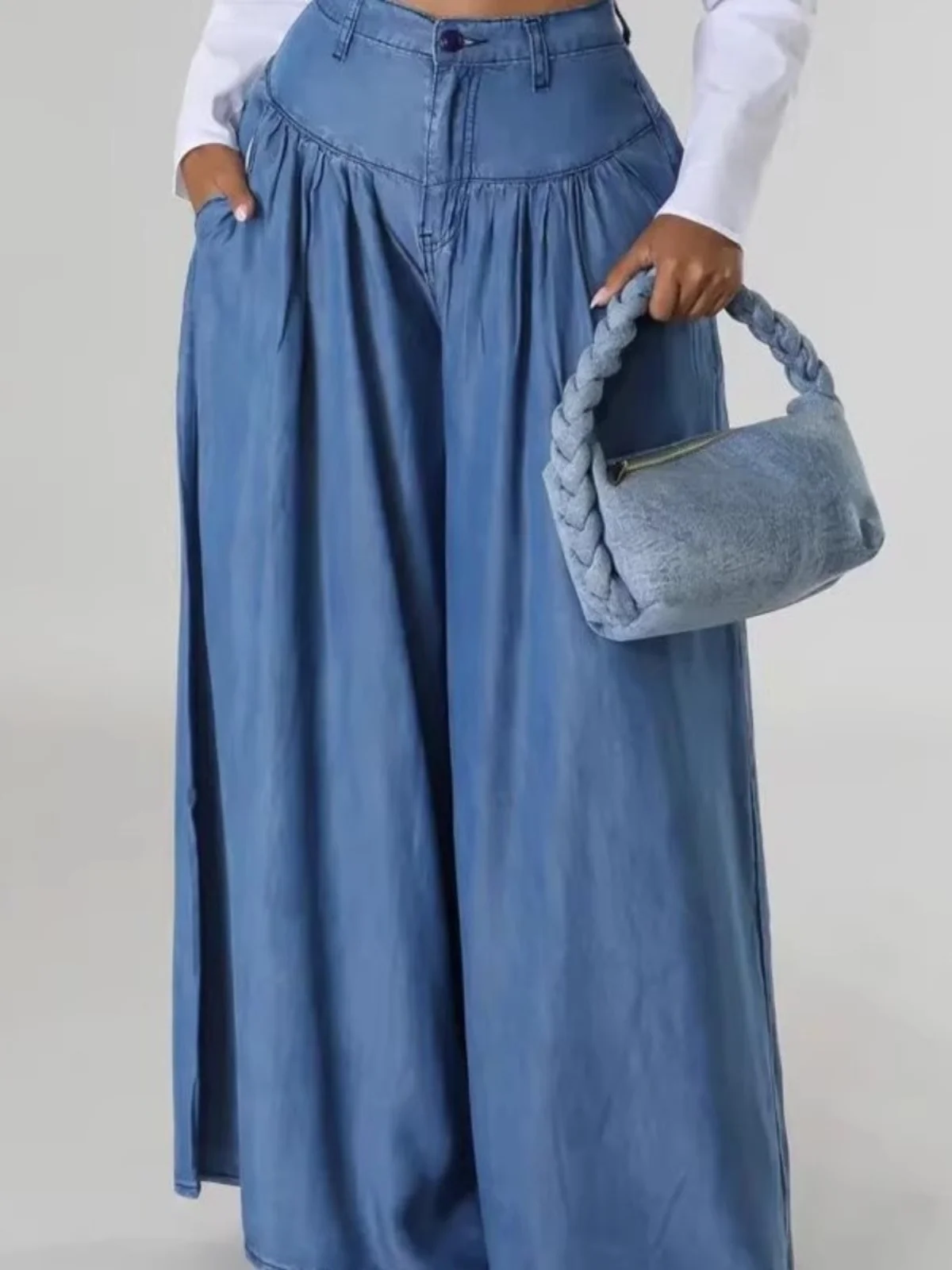 Vaqueros de Cintura Alta con Pierna Ancha, Plones de Estilo Urbano, Ajuste Hoado, Plones Largos, Vaqueros de Campan...