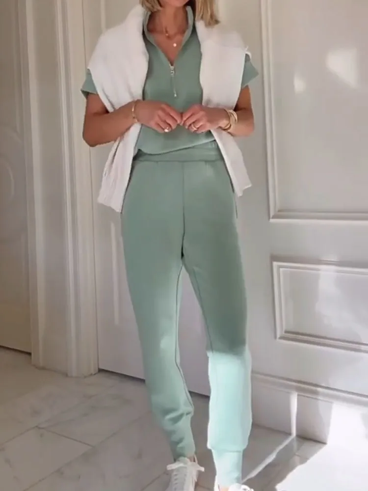 

Elegant Commuting Sportswear Outfits Fashion Lapel Collar Zipper Top & Long Pant Suit Women Casual Short Sleeve Solid Loose Set
