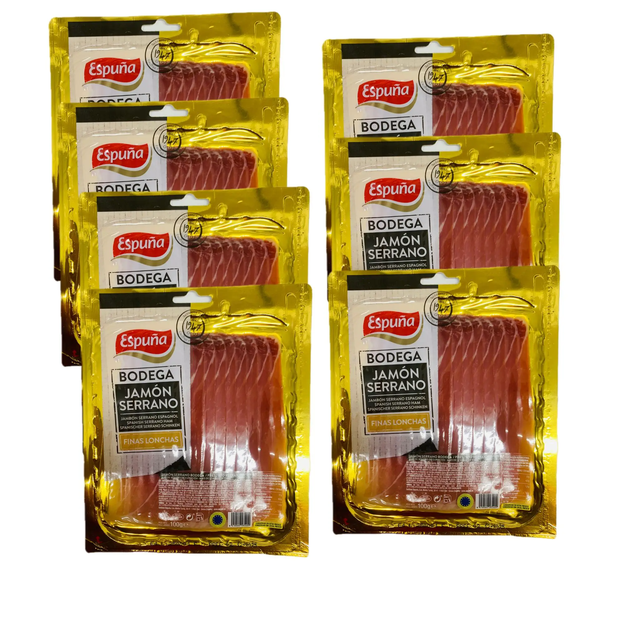 Jamon Curado Bodeja Espuña 7 Sobres (120g Aprox) - Delicioso Jamón Curado en 7 Sobres - Marca Espuña