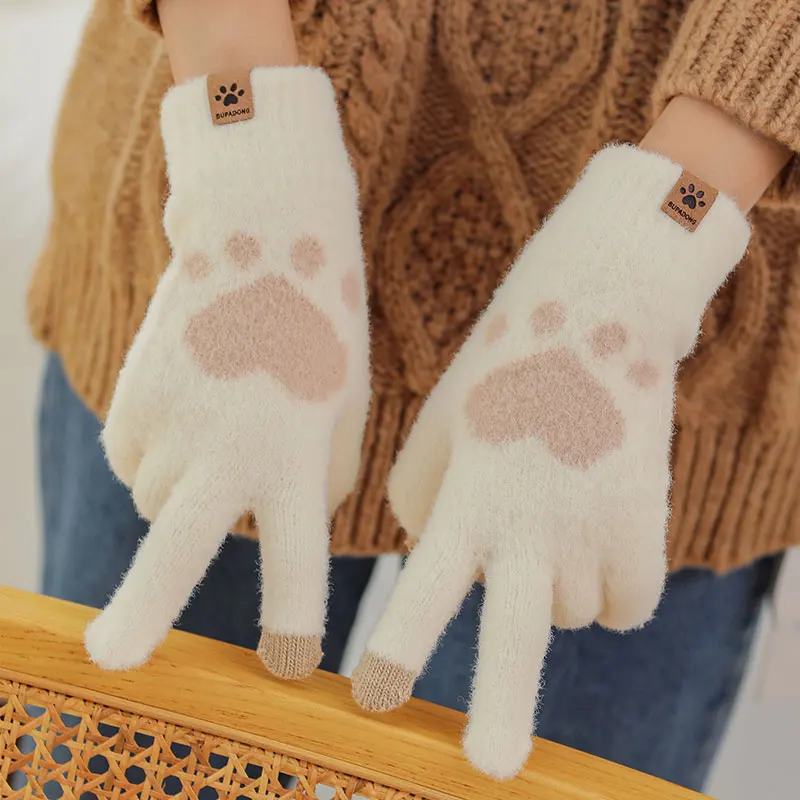 Women\'s Knitted Winter Cute Touchscreen Gloves Soft Mink Hair Autumn Warm Thick Gloves Cute Cat Paw Pattern Girls Gloves Gifts