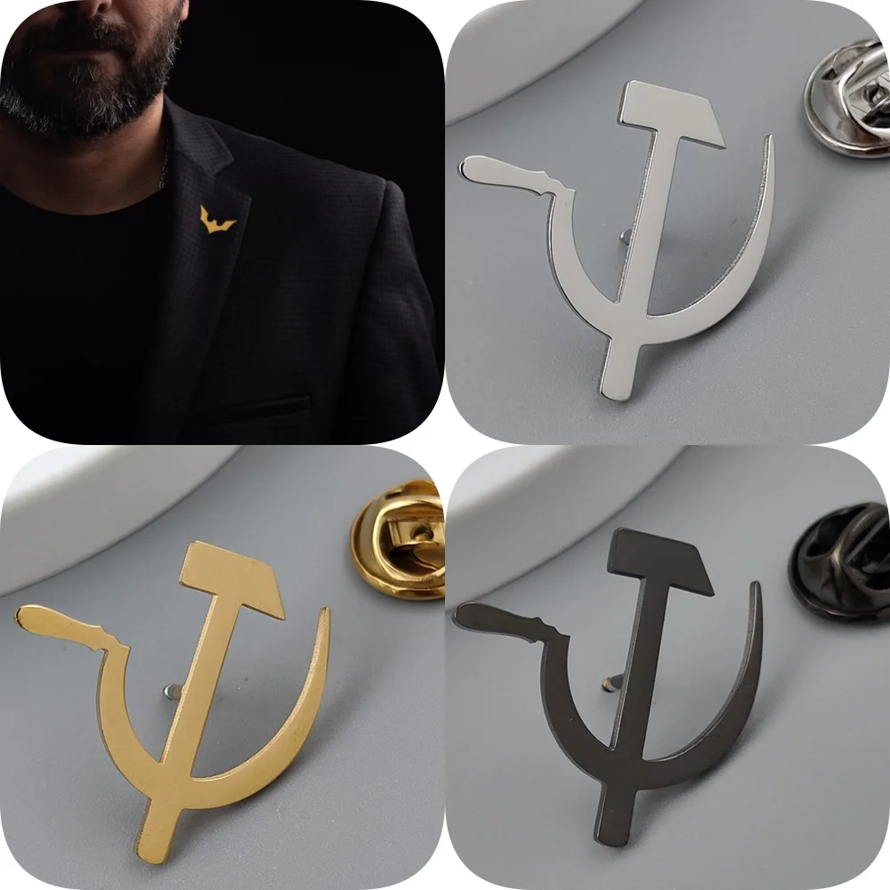 New hip-hop style sickle and hammer stainless steel gold-plated badge, suit lapel pin waterproof black, men's brooch set