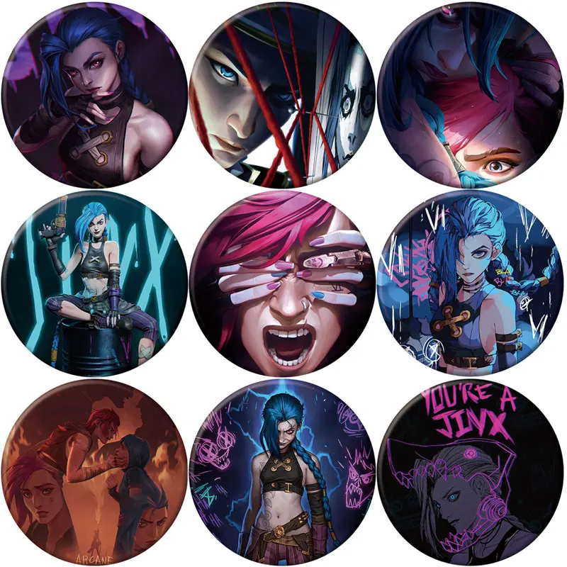 58mm Anime Arcane Season 2 Brooch Pin Cosplay Figure Vi Jinx Caitlyn League of Legends Badge Bag Accessories Jewelry Fans Gift