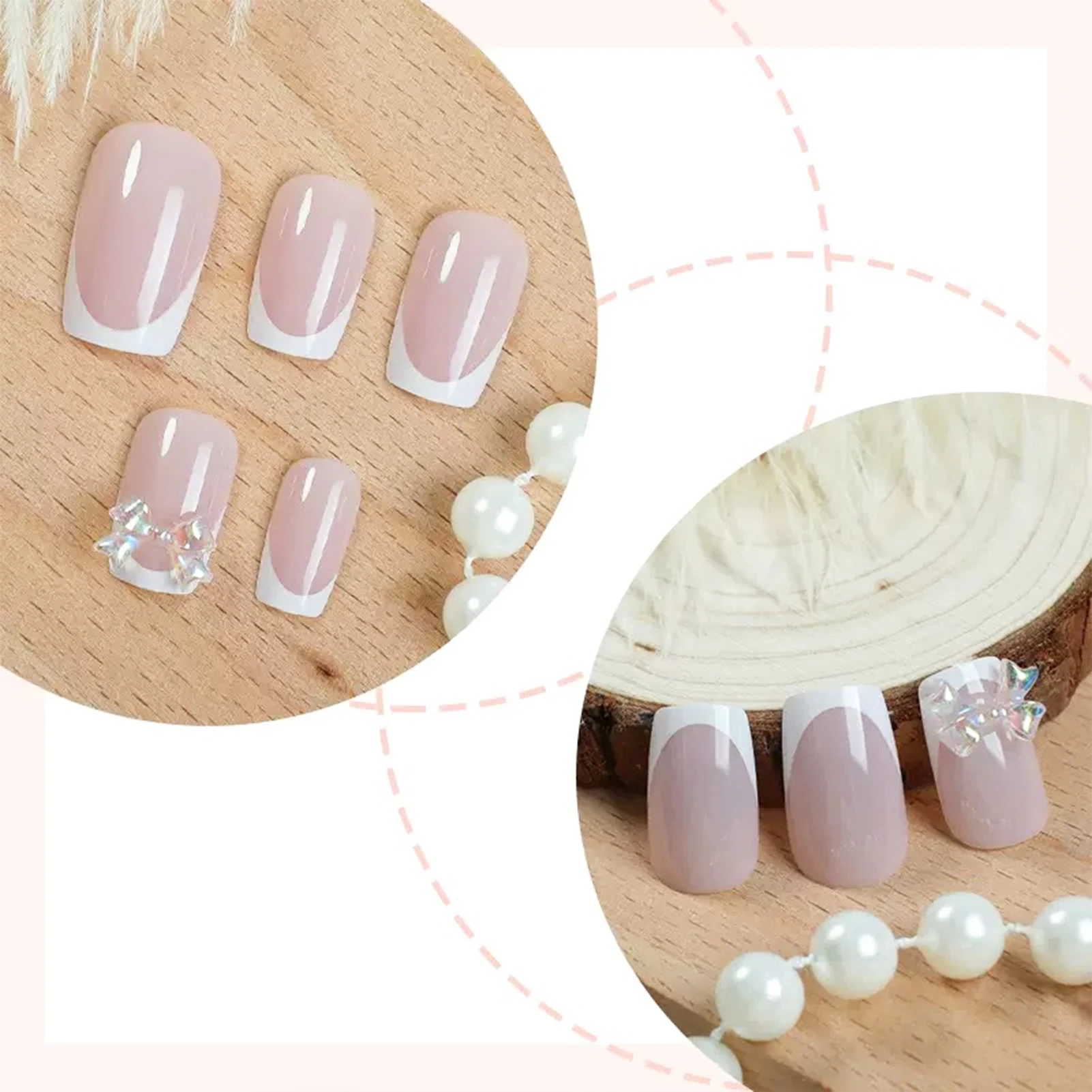 สีขาวภาษาฝรั่งเศสคําเคล็ดลับกดบนเล็บ 24 ชิ้นสีนู้ดเล็บปลอมง่าย DIY เล็บเจ้าสาวงานแต่งงาน Stick - on เล็บปลอม Bowknot ตกแต่ง