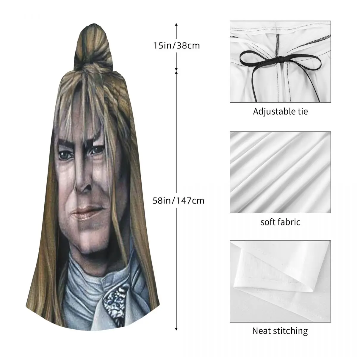 Jareth ملك العفاريت الوقاية في متاهة طويلة مقنعين عباءة الساحرة القرون الوسطى زي تأثيري كيب هالوين مصاص دماء الكبار