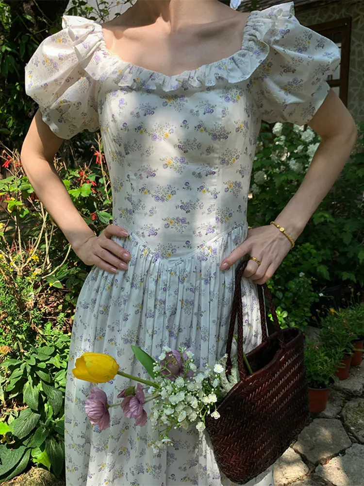 84-96cm Bust Summer Maxi Dresses For Women French Vintage Elegant Slim Square Collar Puff Sleeve 100%Cotton Floral Dresses