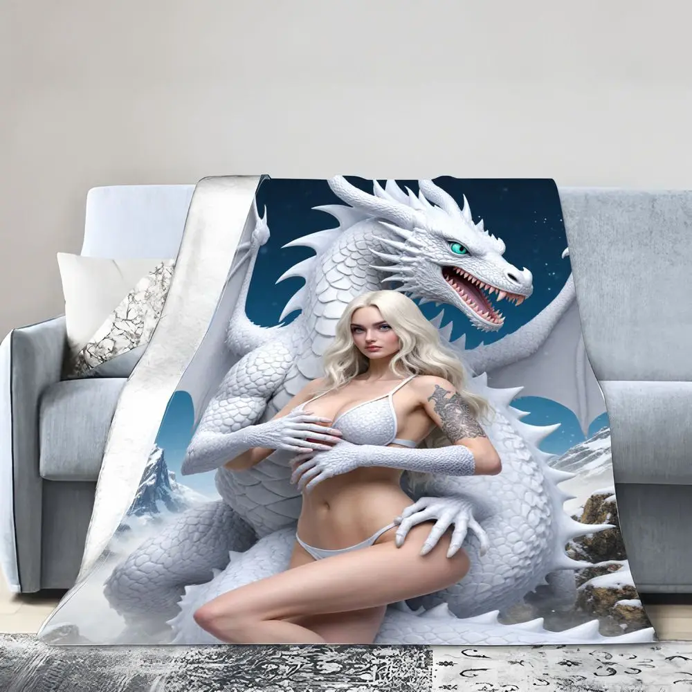 بطانية التنين الأبيض الخيالي والنموذج الأنيق - رمي ناعم من القطيفة يتميز بتنين أبيض مهيب وامرأة نحيلة مع بلاتي