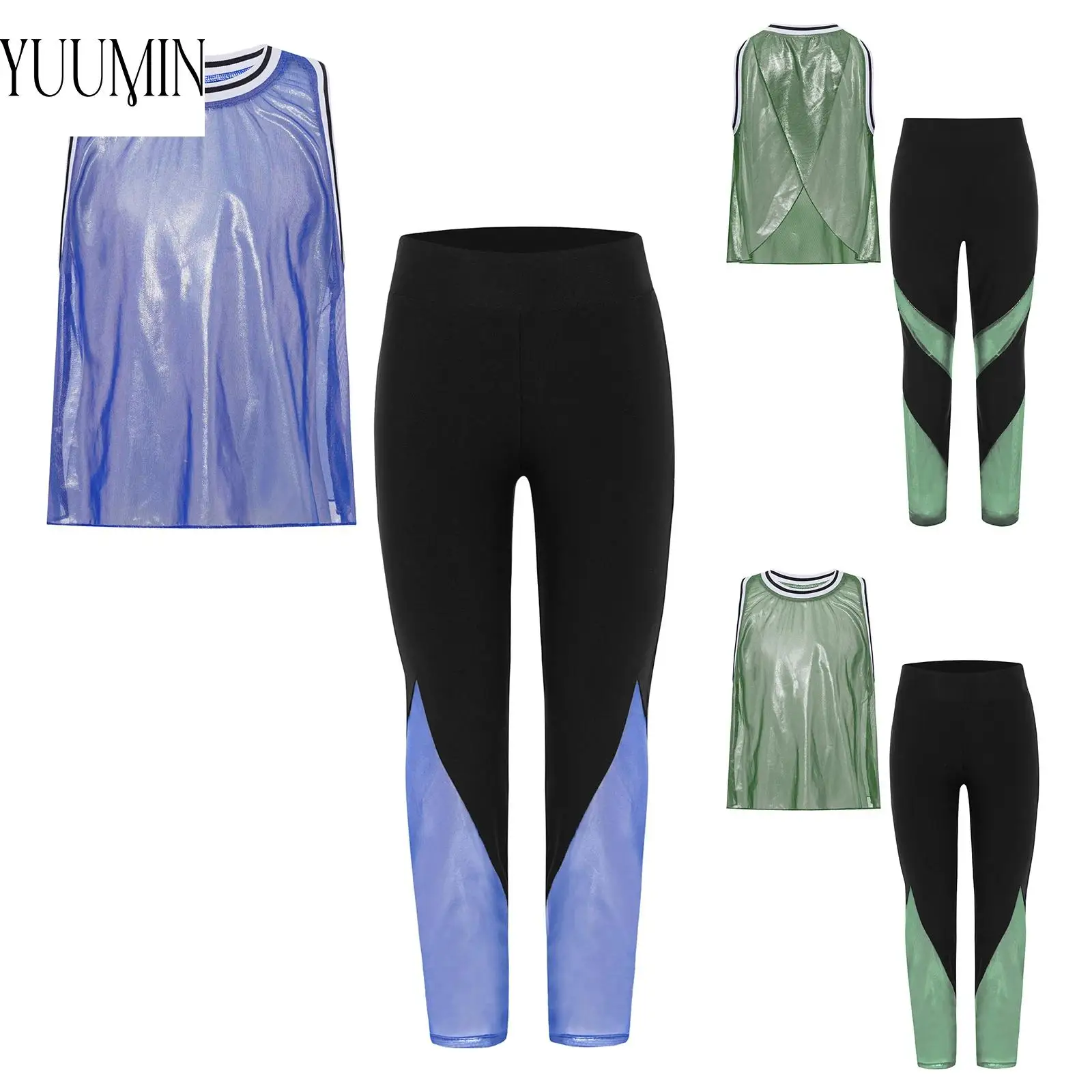 

Trendy And Dynamic Style Kid Girl 2-Piece Dance Fitness Outfits Sleeveless Wrap Back Vest Metallic Mesh Tank Top with Leggings