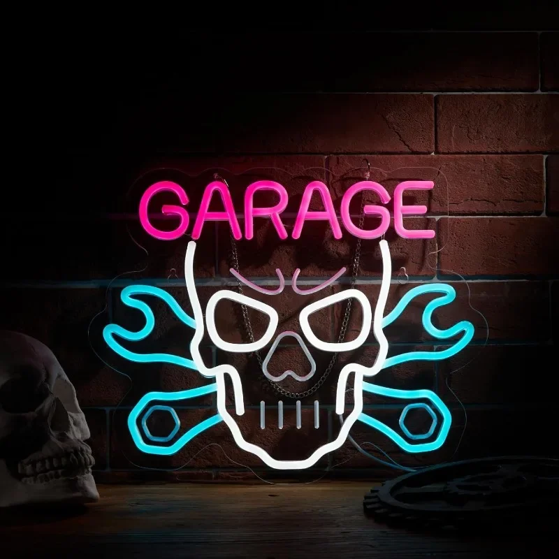 Skull Garage Car Service Car Neon Light Decoration with Dimmable Switch Man Cave LED Neon Light Bedroom Decoration Lumineux