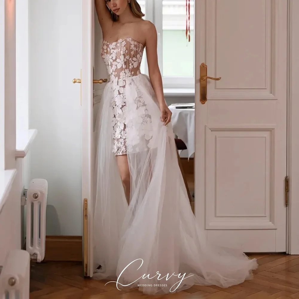 Curvy Chic Minimal Bridal 2026 New Arrival Strapless Sheer Corset Detachable Tulle Train Two Piece Wedding Dresses for Women