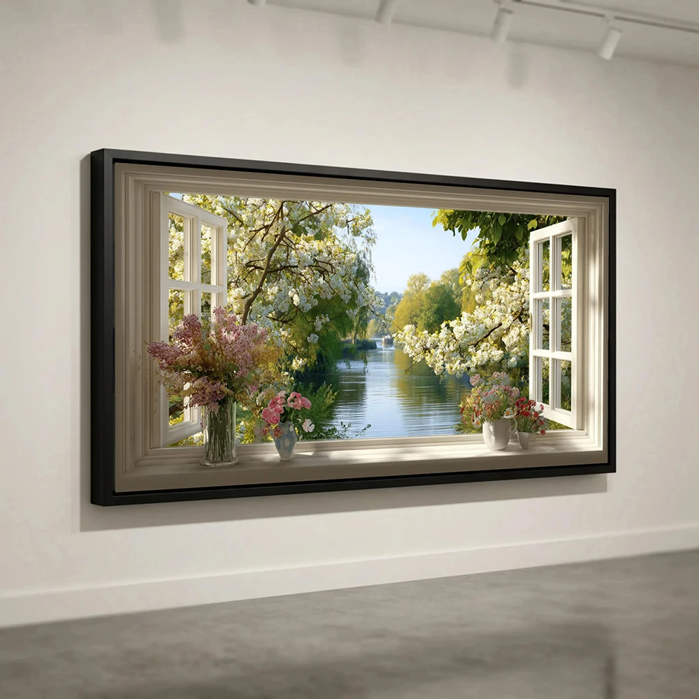 (1PC Unframe)Open Window View Canvas, Spring Blossom Trees, River Landscape Wall Art Posters,  Home Living Room Decor, No Frame
