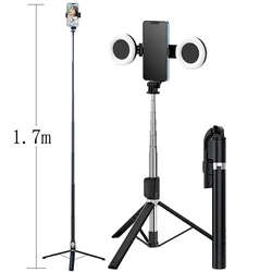 1.7m Extendable On-Site Tripod Selfie Stick with LED Ring Dual Light Mirror Holder 4-in-1 Cell Phone Holder