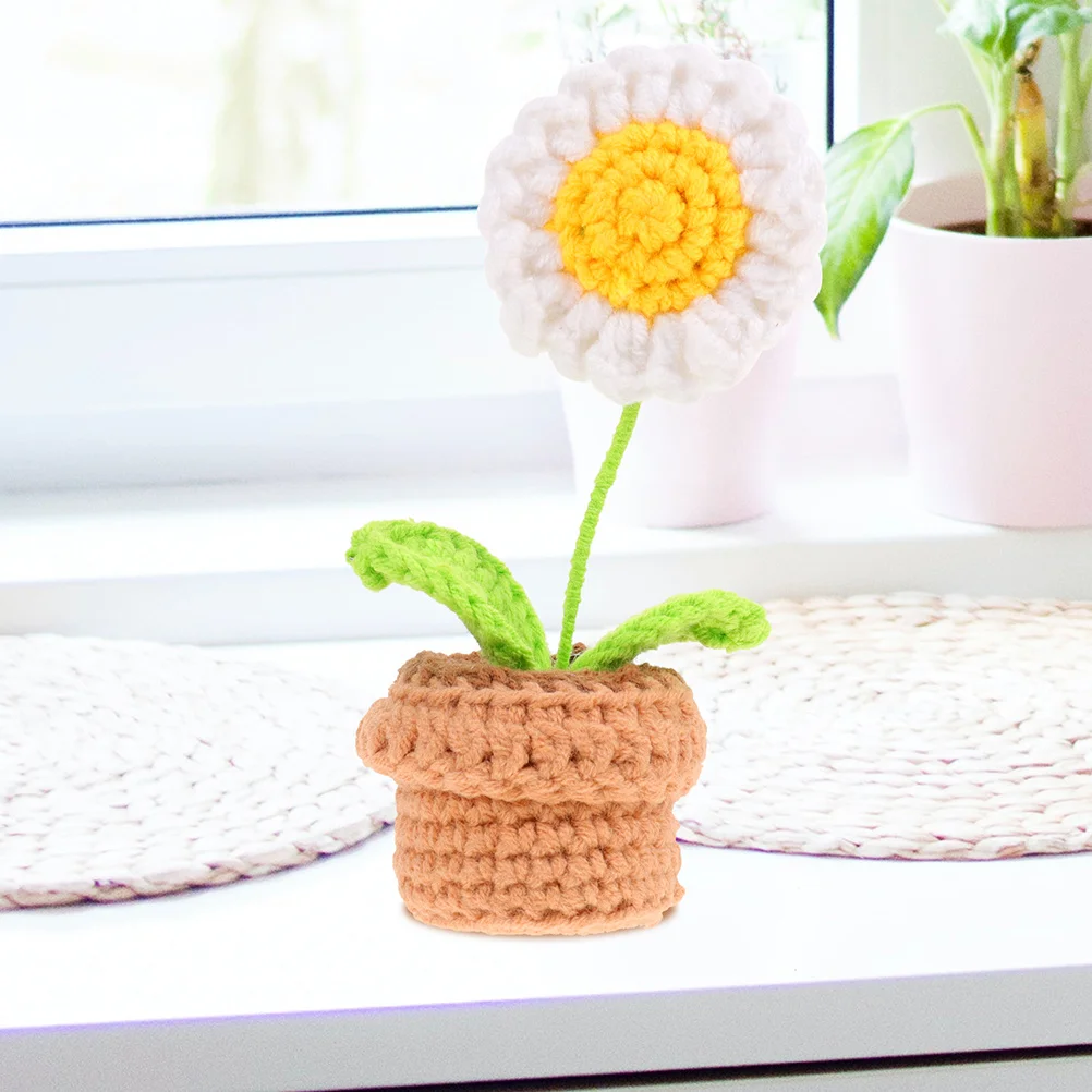 

2pcs Mini Potted Flower Decor Crochet Woven Bonsai Ornament For Home Office Desktop Artificial Plant Craft Knitting Flower