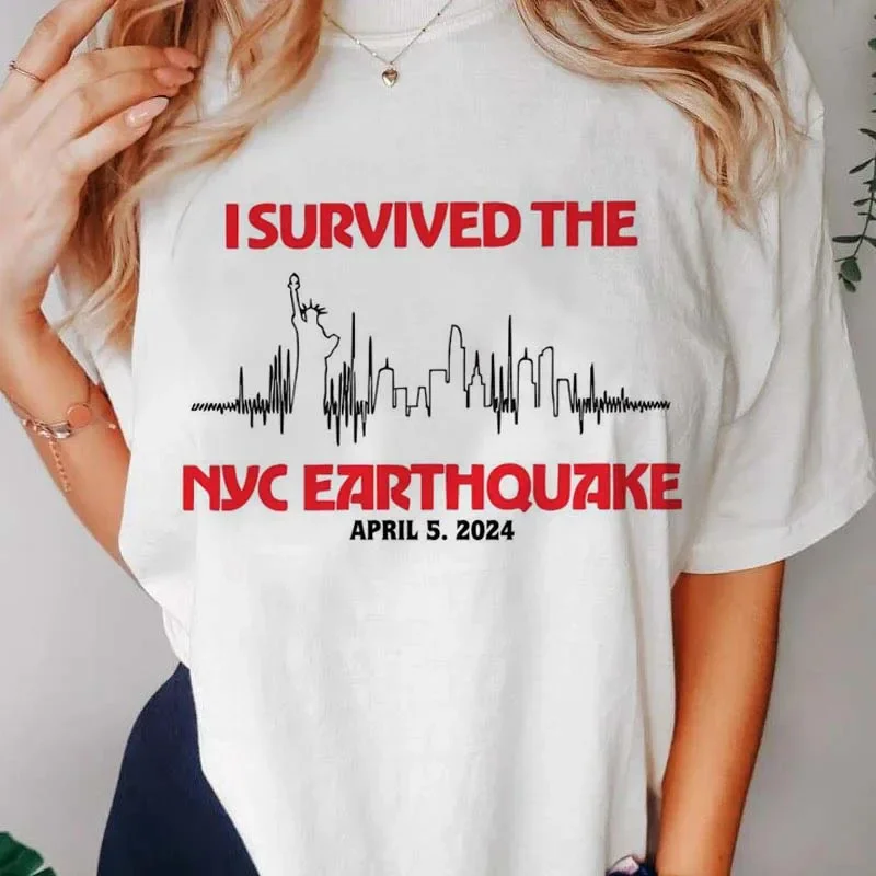 I Survived NYC Earthquake Skyline Print T Shirt Casual Short Sleeve Round Neck T Shirt Fashion Retro Spring Women's Fashion T Sh