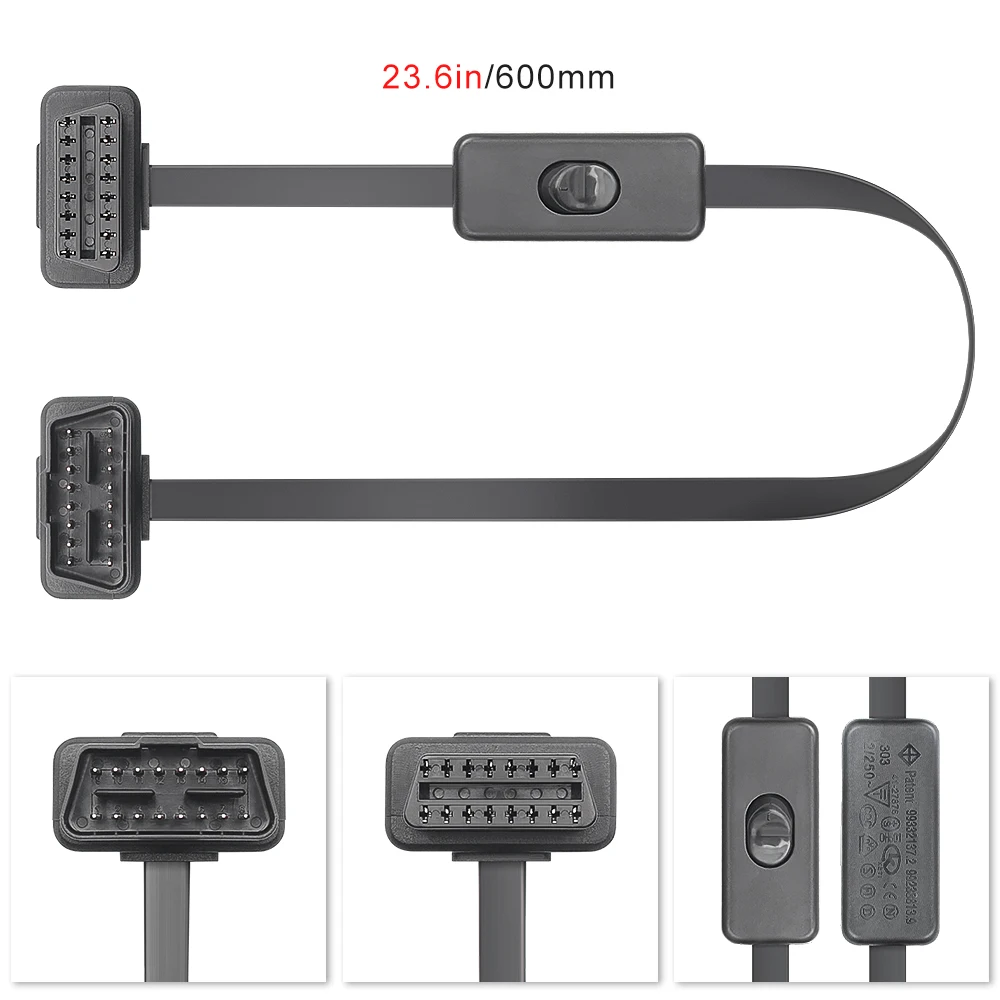 16pin 60cm OBD2 Connector Car Extension Cable Flat+Thin As Noodle OBD 2 Male To Female Adapter With Switch Auto Diagnostic Tool