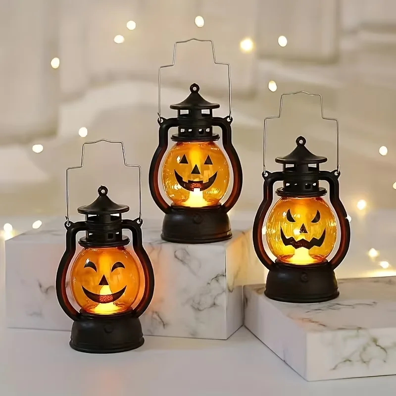 Halloween Appeso Zucca Lanterna Luce LED Fantasma Lampada a lume di candela Retro Piccola lampada a olio Festa di Halloween Decorazioni per la casa Puntelli horror