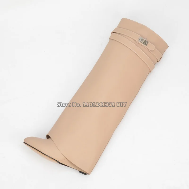 Real Leather Shark Lock Fold Overlay Knee High Wedge Heeled Boots Women Padlock Wedged High Heel Pointed Toe Boot Mujer