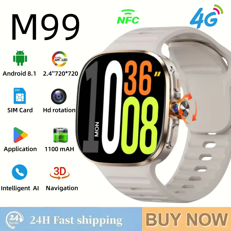 

M99 новые умные часы 2,4-дюймовый AMOLED-экран, камера высокой четкости 1200 Вт, 4G/5G, полная сеть, GPS/WIFI/интеллектуальный AI, загрузка через приложение
