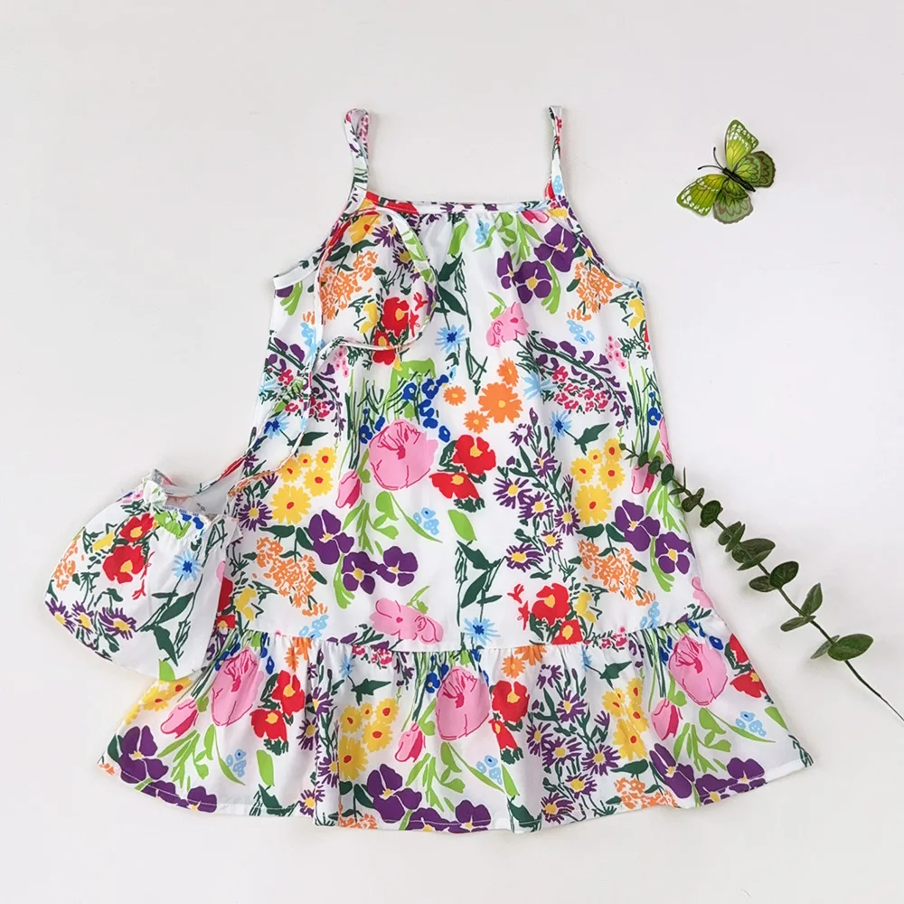 Children Summer Fashion Clothes Flower Print Sleeveless Loose Dress + Bag 2 Pcs Set 3-7 Years Girls Casual Wear