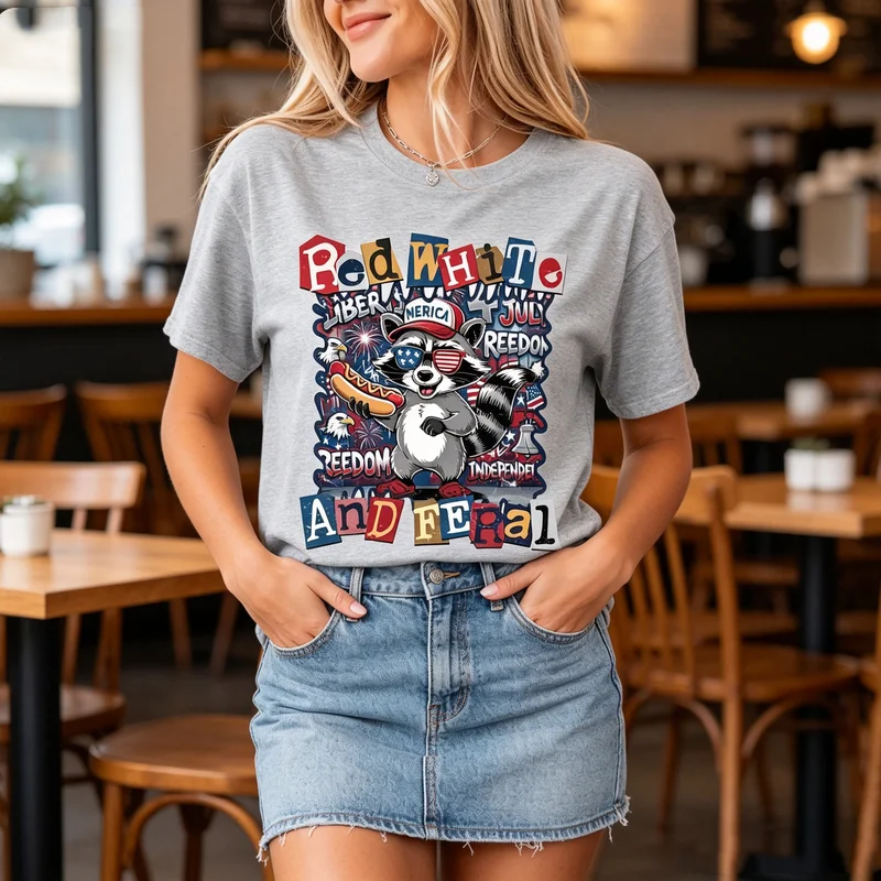 Red White and Feral Raccoon Collage Graphic T Shirt Women Crew Neck Short Sleeve Patriotic Tops  Y2k Top Oversized Tee Harajuku