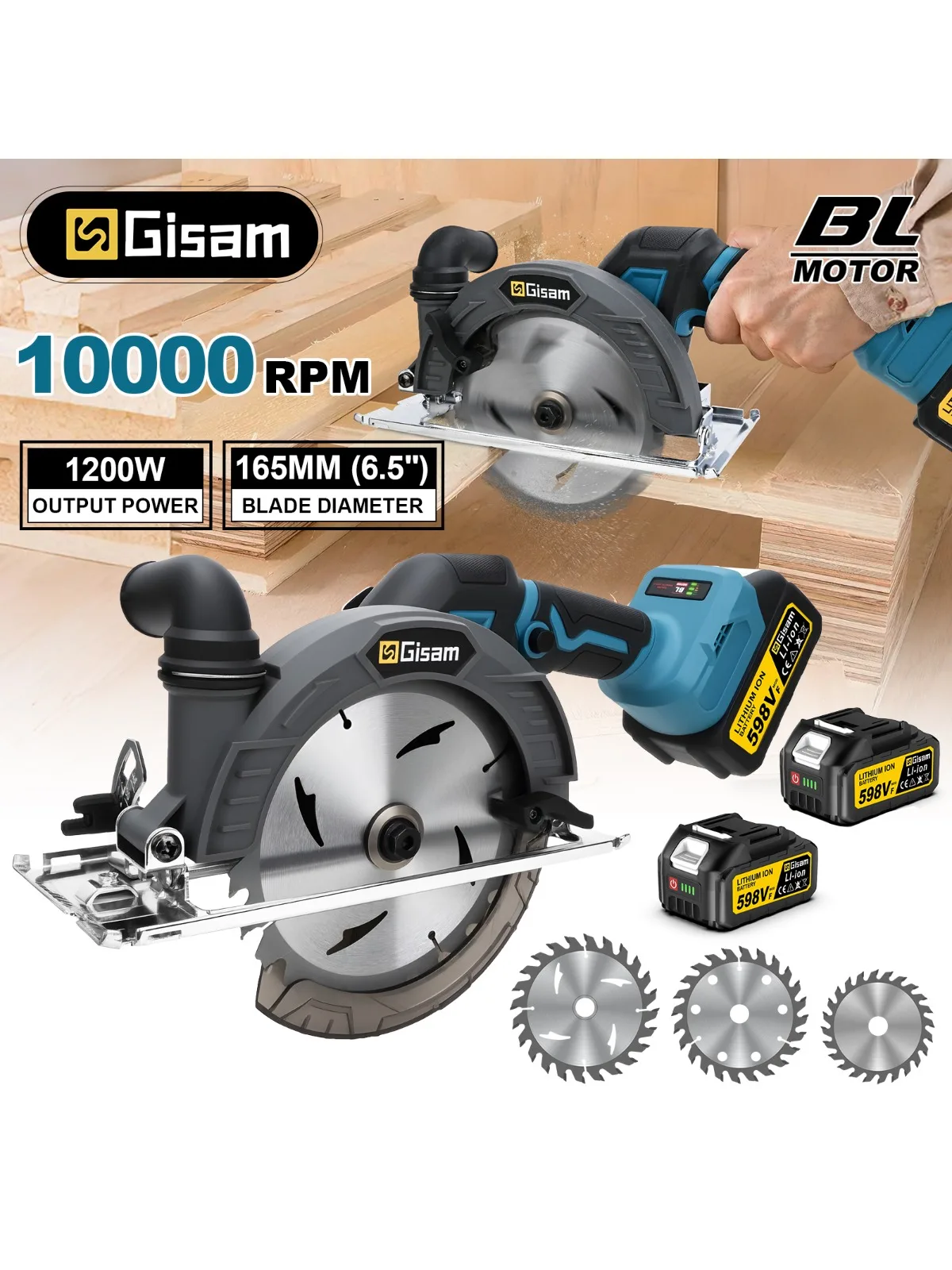 Gisam 165mm 10000RPM Bezszczotkowa Elektryczna Piła Tarczowa Akumulatorowa z Regulacją Kąta do Obróbki Drewna, Narzędzie Elektryczne Kompatybilne z Bateriami Makita 18V — 2