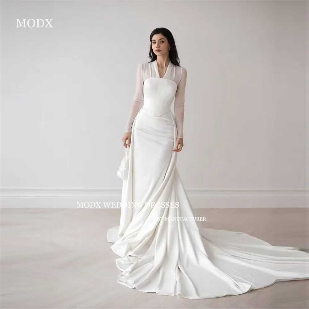 MODX Elegant White Satin Mermaid Wedding Dress A-Line V-Neck Long Sleeve Detachable Hem Sweep Train Bridal Gowns Customized