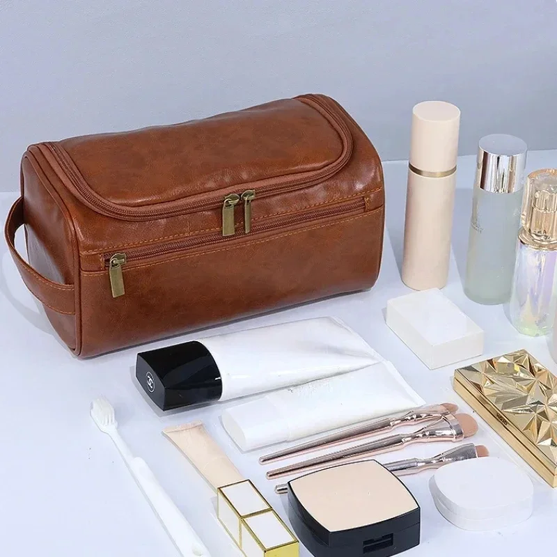 

For Traveling Large Cosmetic Bag Leather Toiletry Bag for Men Women Dopp Kit Mens Hanging Toiletry Bag