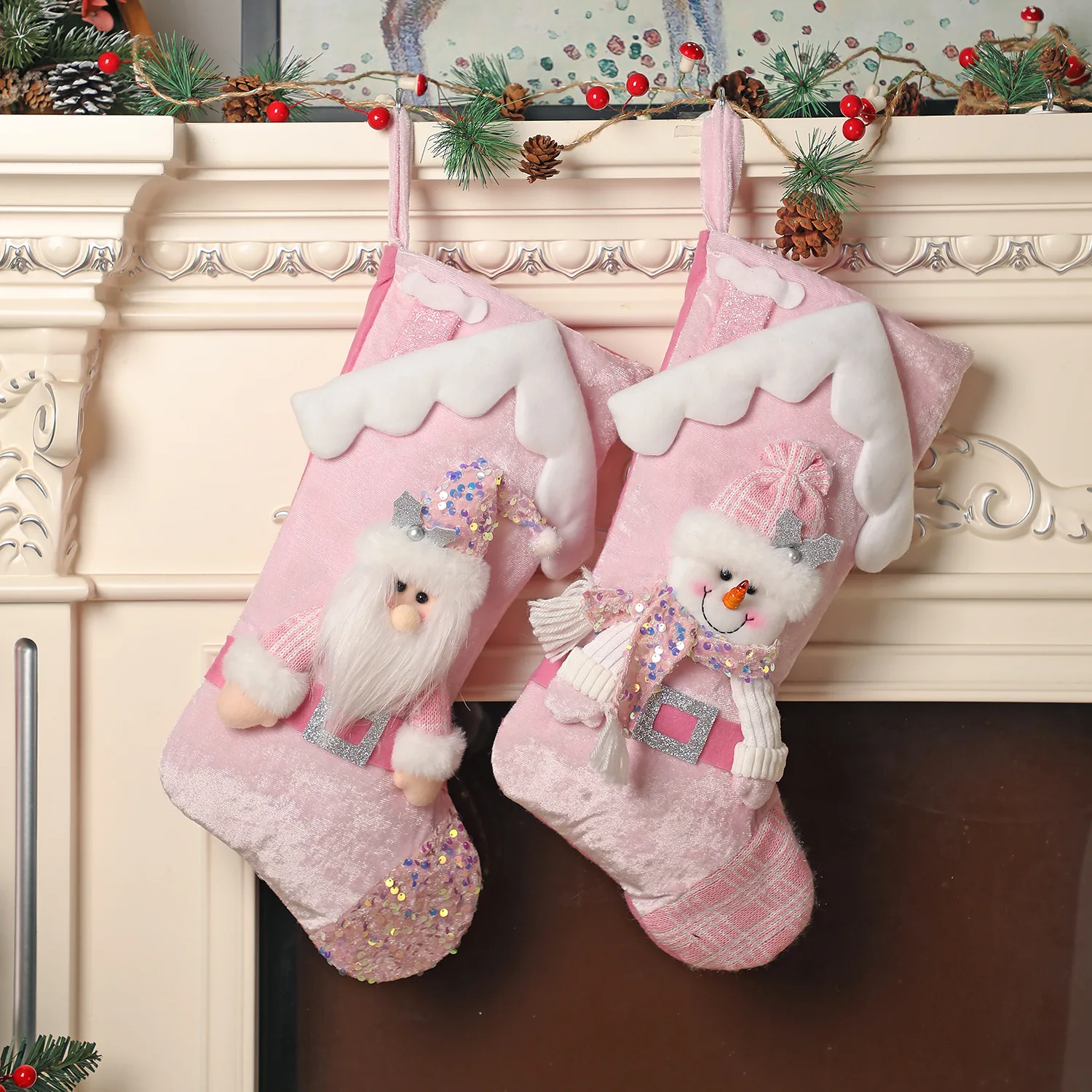 Christmas decorations home decor pink sequins children cartoon roof old man Christmas stockings gift decorations