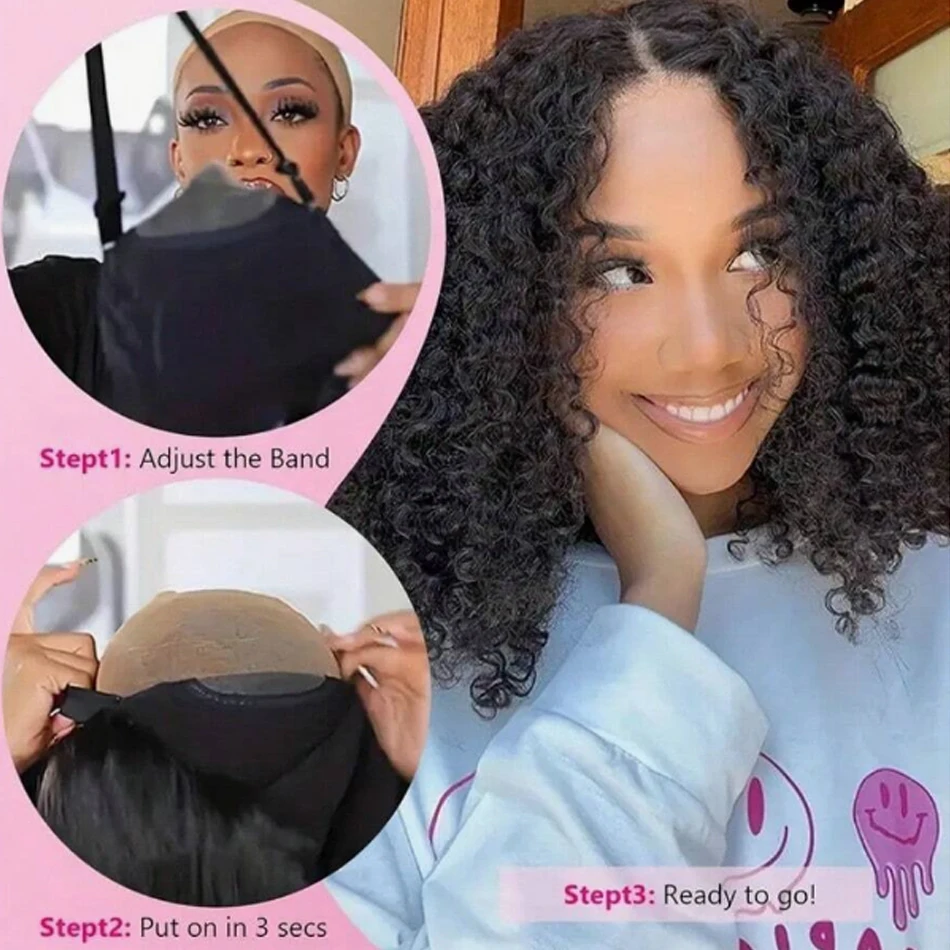 Raw Hiar Glueless Wig 100% Human Hair Ready To Wear Kinky Curly Bob Wigs For Women Deep Curl Bob Wig Mongolian Hair Wigs HD Lace image 4