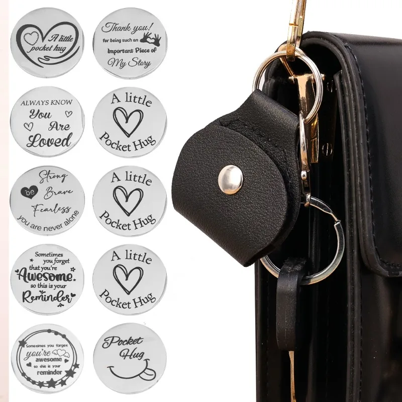 Creative Stainless Steel Double-sided Lucky Talisman Inspirational Decision Coin PU Leather Packet Keychain Souvenir Key Ring