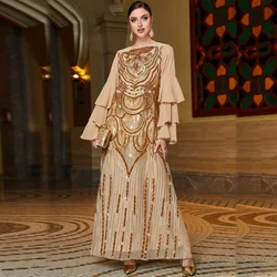 Fashion Turkish Women's Galabiyat Chic Pure Handwork Sequins Flare Sleeve O-Neck Moroccan Elegant Evening Dresses