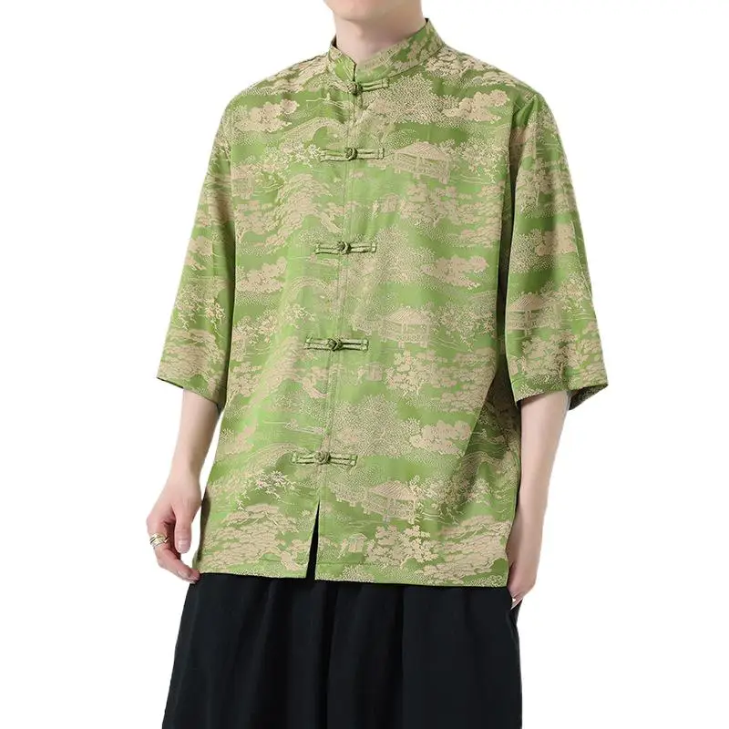 

Summer New Men's Chinese Style Jacquard Short Sleeve Shirt Retro Stand Collar Half Sleeve Top