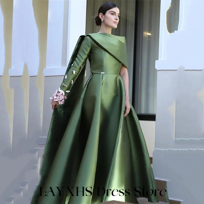 LAYXHS Sukienki Wieczorowe w Temperamentnym Zielonym Kolorze, Jedno Ramię, Długie Rękawy, Aplikacje, Linia A, Plisy, Formalne Sukienki na Bal Maturalny, Szyte na Miarę