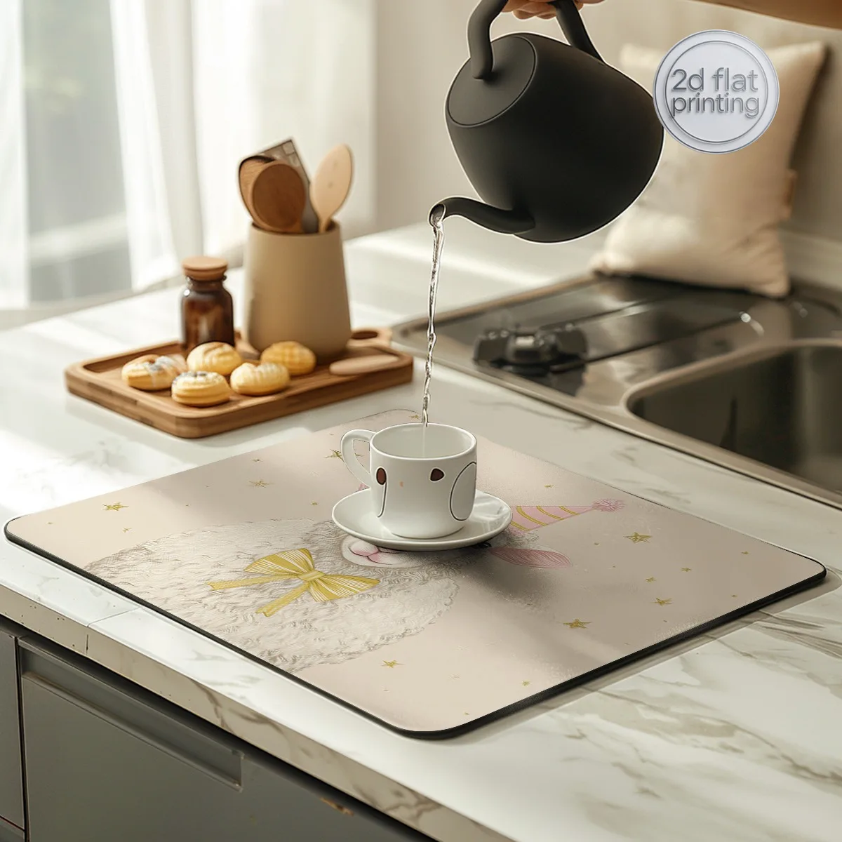 1pc Decorative Dish Drying Mat Cute Sheep Party Style Golden Stars Print Kitchen Absorbent Draining Mat Absorbent Draining Coffe