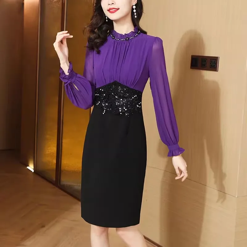 New 2024 Spring Purple Black Hit Color Office Ladies Dress Women Ruffled Collar Beading Lantern Sleeve Split Pencil Vestidos 4XL