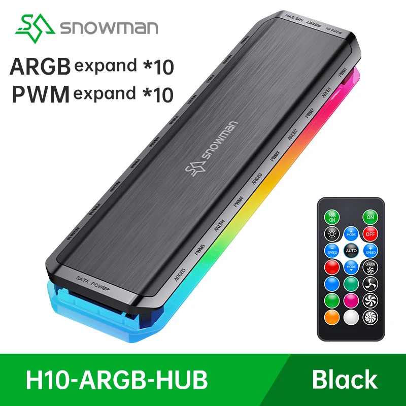 

SNOWMAN H10 ARGB HUB PWM Fan Adapter ARGB Controller 1To10 Port 5V 3 Pin PC Cooling Fan Hub Splitter SATA Power Supply PWM Expan