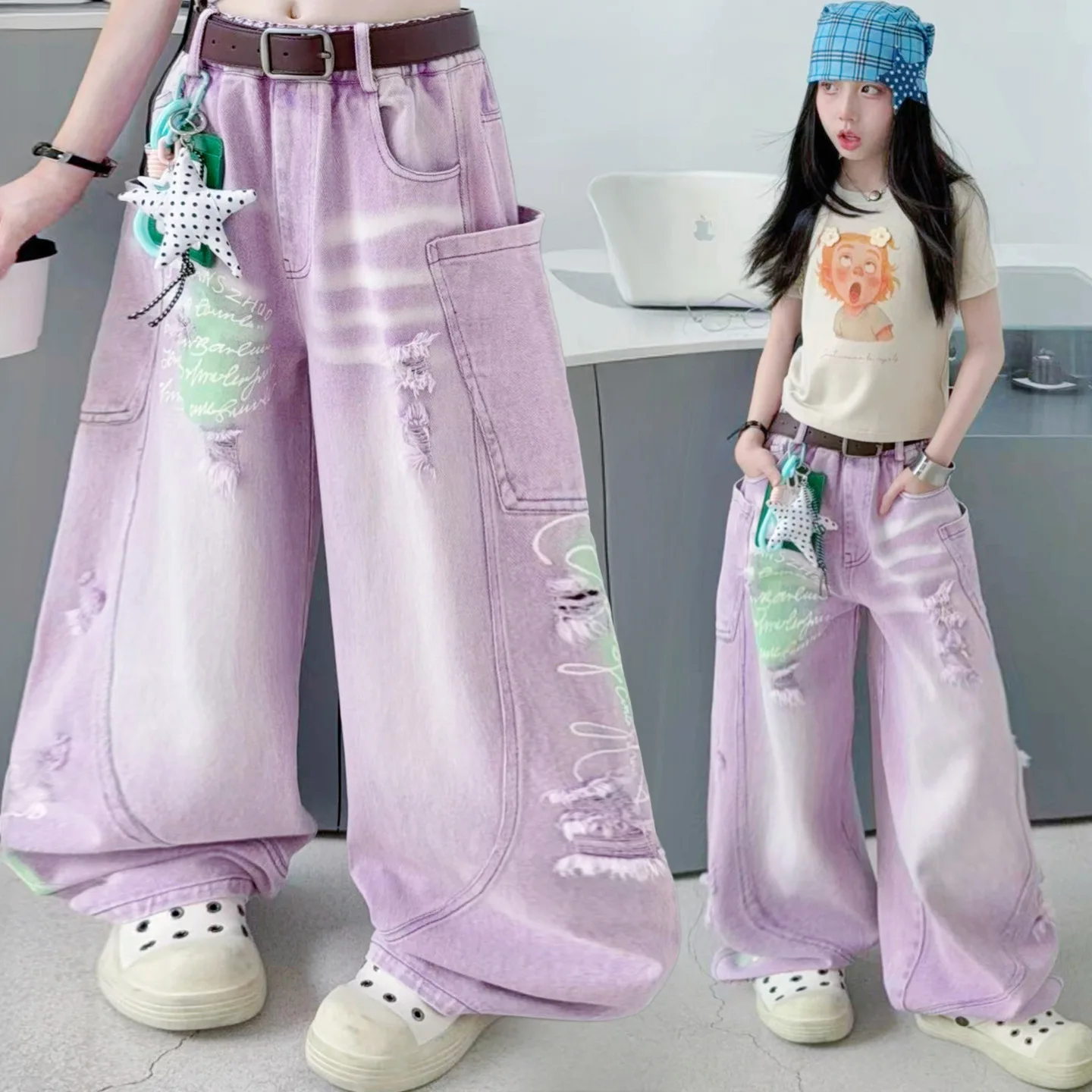 Teen American Retro Purple Ripped Distressed Denim Pants Girls Loose Wide Leg Barrel Cut Jeans Kids Summer Casual Streetwear