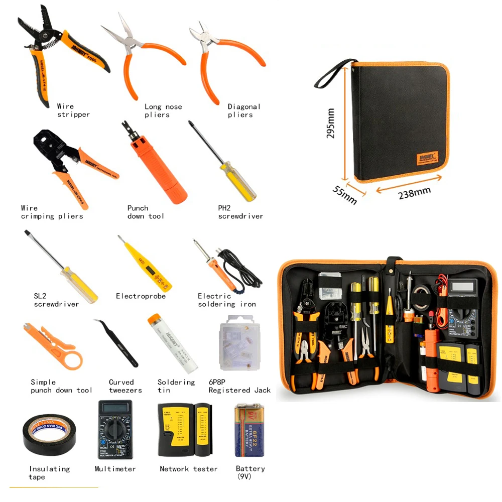 17 in 1 Electronic Repair Tool Kit with RJ45 RJ11 LAN Networking Tester Network Cable Tracker Plier Crimp Clamp Multimeter Set