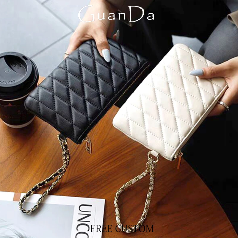 Genuine Leather Woman Phone Purse Plaid Luxury Sheepskin Chain Long Wallet Zip Lady Large Capacity Plaid Card Holder Coin Purse