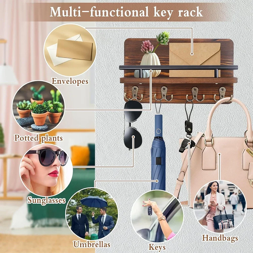 1pc Mail & Keys Holder Rack Wall/Door Hanger Wood Shelf Storage Sundries Coat Hat Organizer Retro Decor Entryway Kitchen Garage