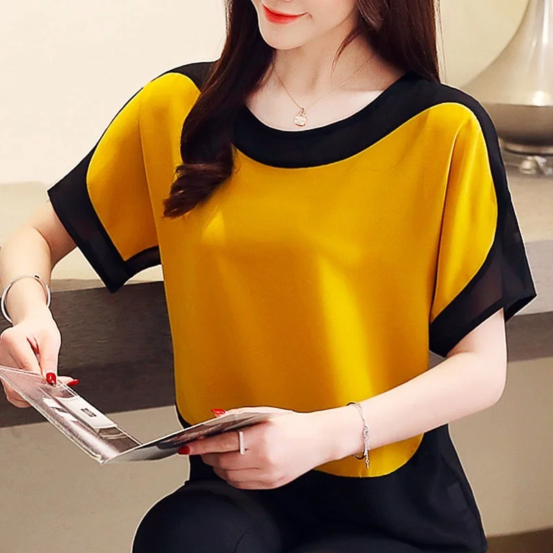2026 Fashion New Women O-neck Patchwork Shirt Short Sleeve Casual Chiffon Blouse Summer Elegant Casual Tops 2