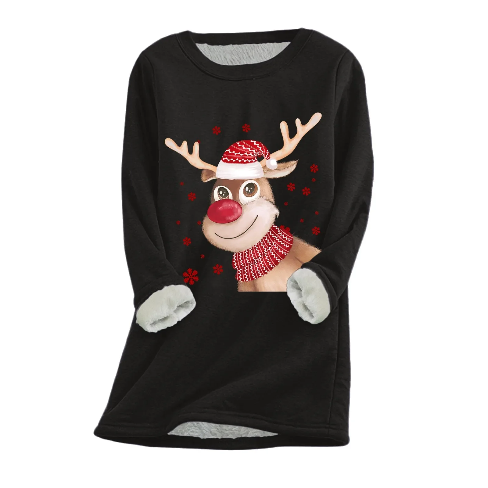 

2023 Autumn and Winter Women's Christmas T Shirt Warm Long Sleeves Fur Collar Sweater Reindeer Print Pullover Cartoon Sweater