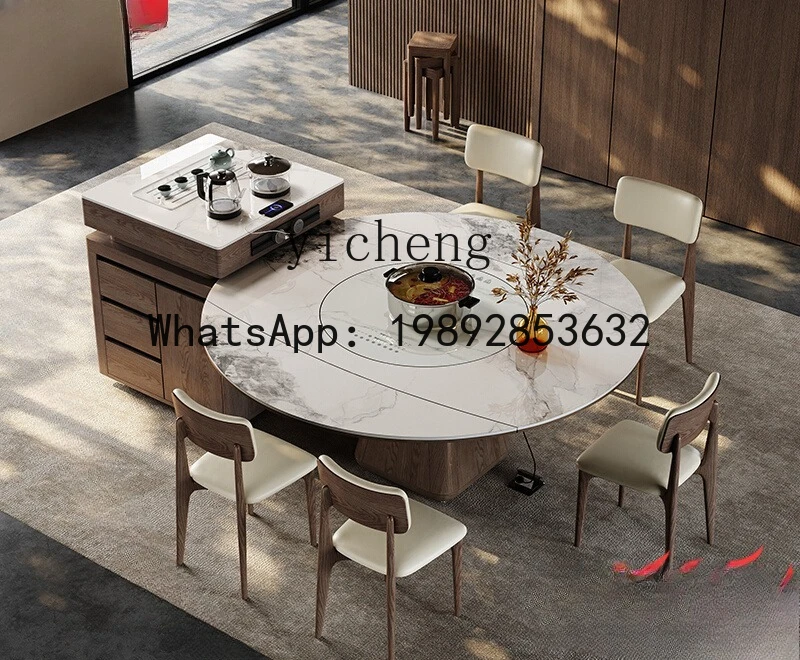 rock slab island dining table integrated household retractable folding square and round dual-purpose with induction cooker