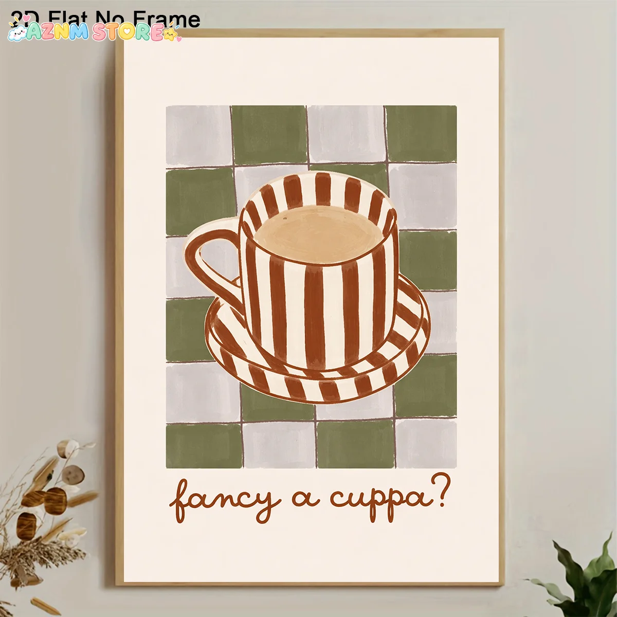 2027,Frameless 2D Canvas Poster Featuring an Adorable Coffee Cup And Saucer with The Phrase 'Fancy a Cuppa?' Ideal for Retro