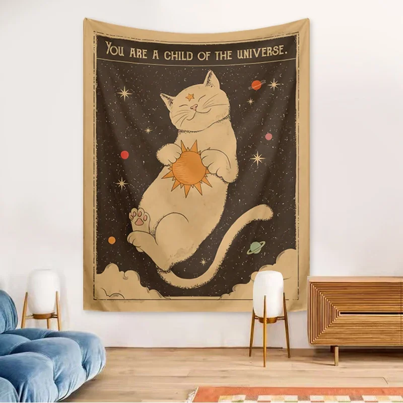 VIKAMA Cosmic Child Tapestry Embrace the Sun Starry Sky Cat Planet Children's Room Study, Spiritual Space Room Decor