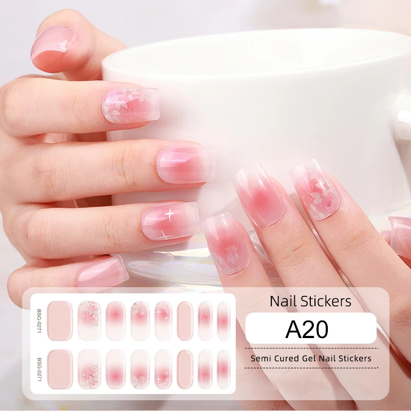 Półutwardzone żelowe okłady na paznokcie Półprzezroczysty różowy Nude Francuska linia Kwiat Długotrwały Pełny pokrowiec Nail Gel Sticker Wraps Manicure