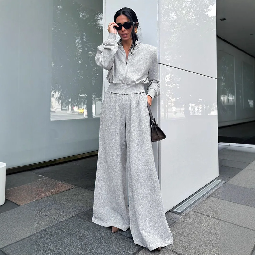 

Spring and Autumn Fashion Grey Shoulder Padded Sweater Wide Leg Pants Two-piece Set 2026 Commuter Set
