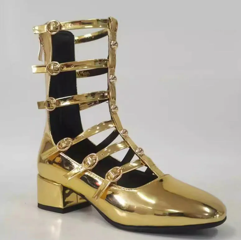 Rock Gold Silver Mirror Leather Rivets Studs T- Straps Buckle Ankle Boots Close Toe Chunky Heels Cutout Performance Boots