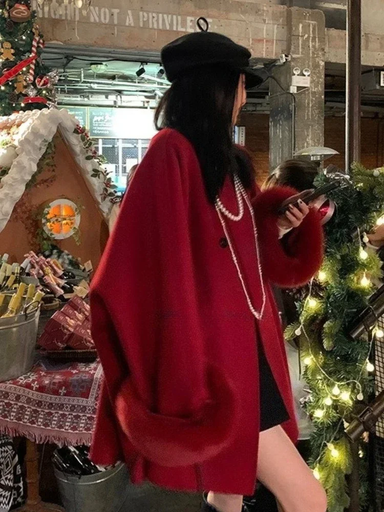 Autumn Winter New Clothes Women Mid-length O-neck Real Fox Fur Cuff Wool Jacket Female Loose Warm Cashmere Woolen Coat